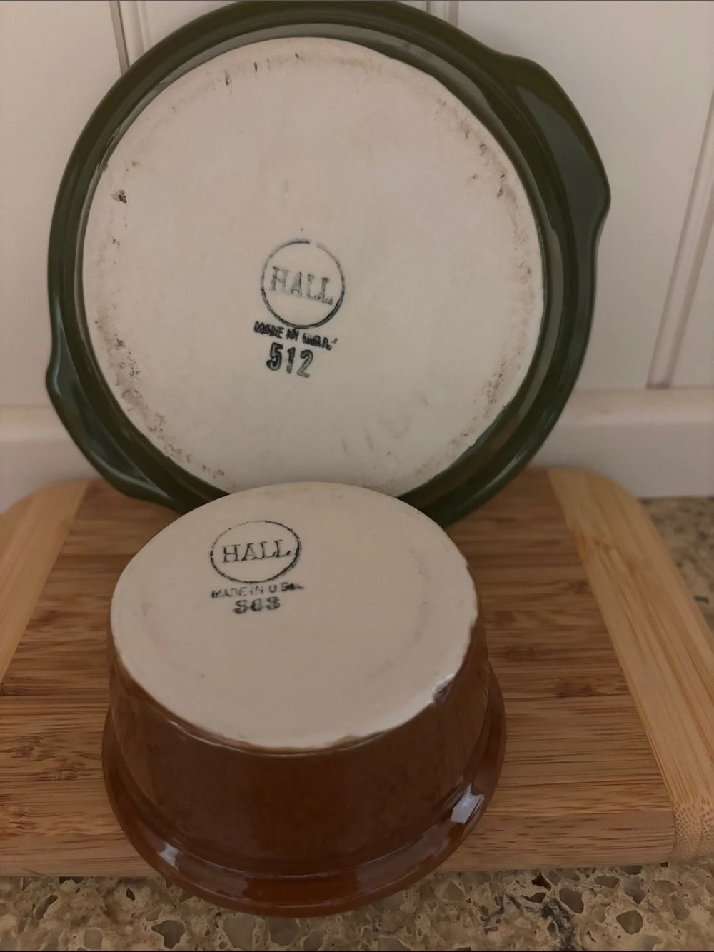 Vintage Hall Pottery Brown & Green 2 Piece Ceramic Bakeware Au Gratin & Ramekin